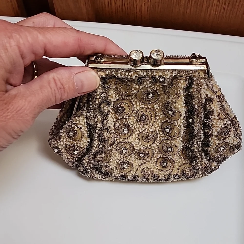 Elegant Beaded Clutch in Cream and Brown